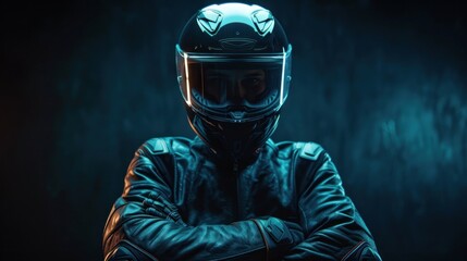 Portrait of a determined motorcyclist in protective gear on black background