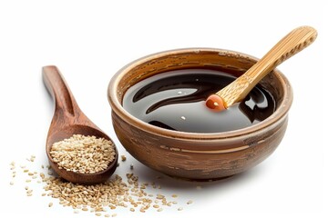 Side view of teriyaki sauce with sesame seeds on white background