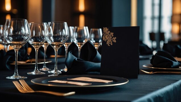 Fine dining table setting of luxury fancy restaurant empty menu invitation card mockup for weddings and romantic eating event decoration as wide banner with empty black copy space