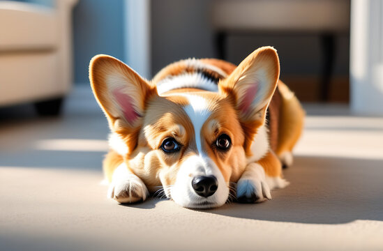 Adorable Welsh Corgi Poses in a modern minimalist living room, lying on a white ledge light floor