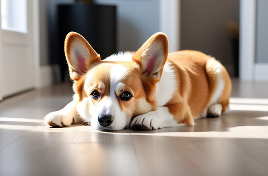 Adorable Welsh Corgi Poses in a modern minimalist living room, lying on a white ledge light floor