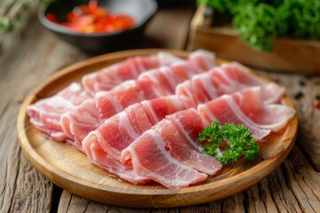 Sliced raw pork loin for shabu on wooden plate