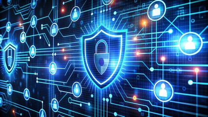 A stylized representation of a cybersecurity network, with the shield symbol commonly associated with security in the center, surrounded by various digital elements