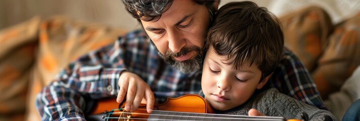 Obraz premium Father teaching son to play violin.