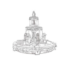 Sketch of a fountain with lion sculptures on a white background