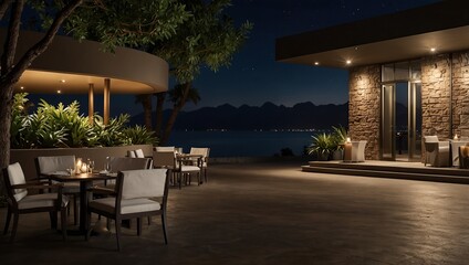 Generic outdoor night shot of luxury resort or hotel like reception and fine dining restaurant with blank empty signboard mockup