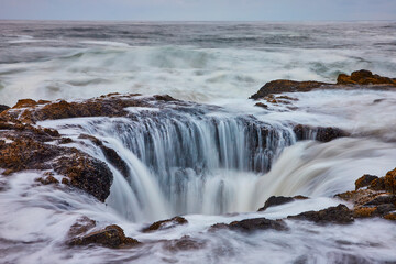 Thor's Well Cascading Waterfall Motion Elevated View