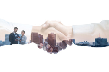 Business handshake, city and double exposure with team for deal, negotiation and success in company. Urban, businesspeople and gesture with hands for partnership, developers and contract agreement