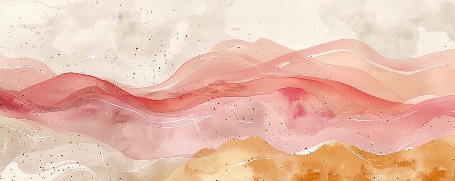 Abstract watercolor painting with soft pink and beige hues in layered mountain-like shapes