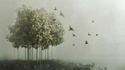 Obraz premium A group of birds fly through a misty forest, leaving a single tree behind. The image evokes feelings of peace and tranquility.