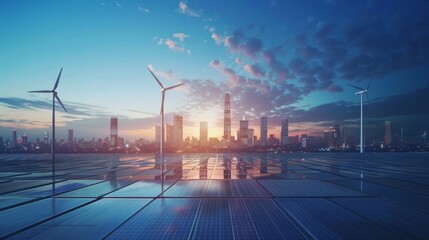 A futuristic skyline at dusk, with buildings covered in solar panels and wind turbines