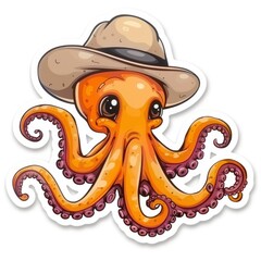  Sticker, octopus with a hat juggling in the style of cartoon style on a white background. Drawn in a cutely cute style