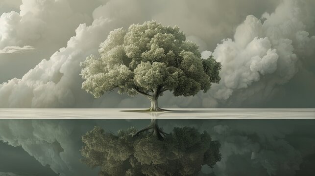 A lone tree stands tall amidst a surreal landscape, its reflection mirrored in a tranquil body of water beneath a dramatic sky.