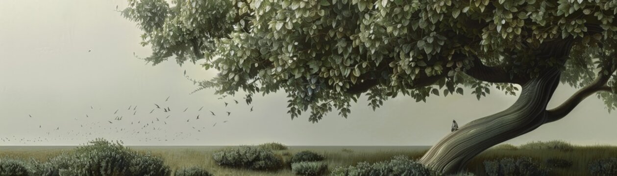 A lone tree with twisting branches stands in a misty field.