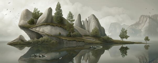 A small, rocky island with trees, surrounded by tranquil water and misty mountains in the background.