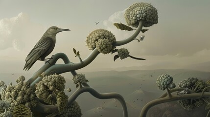 Fototapeta premium A solitary bird perches on a branch of a strange, bulbous tree, overlooking a vast, surreal landscape.