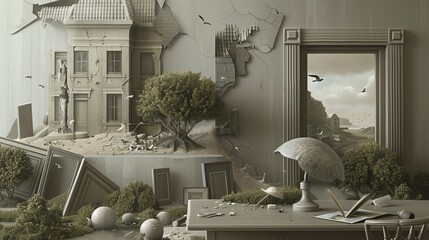 A surreal and unsettling interior scene with a crumbling house, a miniature landscape, and a lamp on a cluttered table.