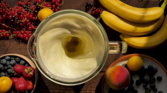 Top view slow mixing milkshake with yellow banana flavor. Grind fruits with milk using a blender and many fresh berries. Healthy breakfast vegetarian smoothie while dieting