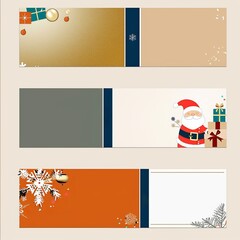 4 blank banners with a golden background and Christmas decorations. Santa Claus and gifts are on the right side of each banner in the style of a vector illustration.