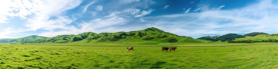 Obraz premium New Zealand Farm: High-Resolution Panoramic Landscape of Northern Island with Green Hills and Grazing Cows