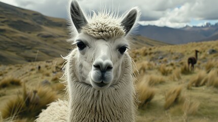 Obraz premium Peru Llama. Closeup of White Llama in Andes Region, Bolivia. Nature and Farm Animal with Soft Fur