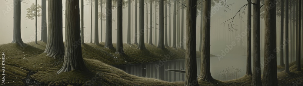 Poster misty forest path with tall trees and a stream running through.