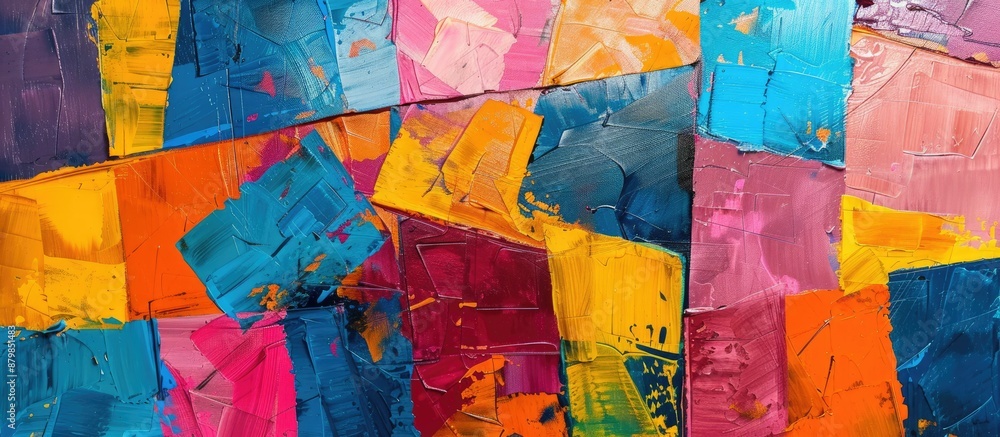 Poster discover dynamic geometric abstract art with intersecting shapes and vibrant hues, embodying a moder