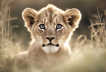 Obraz premium the looking ai lion bear white baby fur carnivore eyes grass snout felidae cub mammal camera wildlife animal zoo cat open sitting field background generative