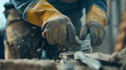 Male builder in a helmet with tools at work, photo of man constructor for Labor Day