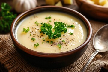 Cream of Potato Soup. Homemade Lunch in a Wooden Bowl with Epicure Parsley Garnish