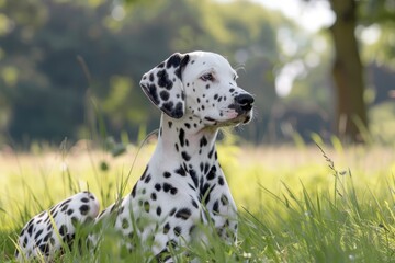 Dalmatian Animal. Cute Puppy Dog Playing Outside in Nature Grass