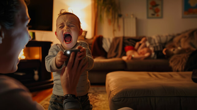 a mom filming her toddler having an epic meltdown in a living room, the mom is filming the meltdown on her phone,generative ai