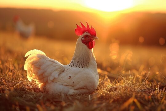 Live Chicken at Sunset: Closeup of White Roosters on Agricultural Poultry Farm