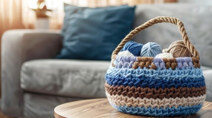 A basket of blue and brown yarn sits on a table. Generate AI image