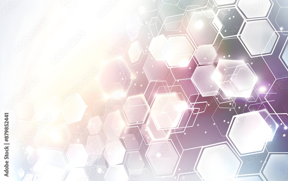 Poster abstract white background with hexagon shape and light glowing effect for technology, science or med
