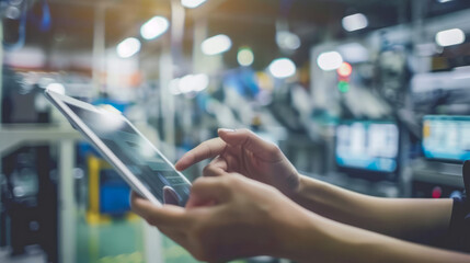 Engineer using digital tablet in modern high-tech manufacturing facility