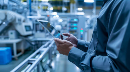 Engineer using a digital tablet in a high-tech manufacturing facility, monitoring industrial equipment performance
