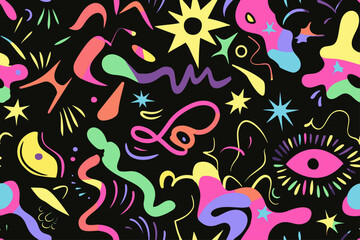Obraz premium Web Wavy Swirl Trippy seamless pattern. Geometric bright color funky groovy 90s cartoon isolated print pattern. Vector illustration on black background