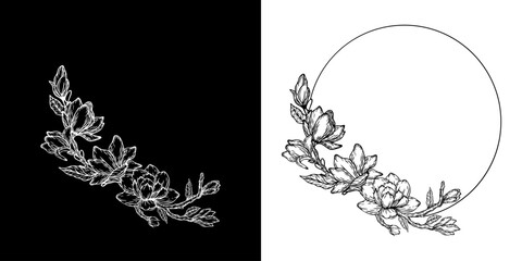 Luxury botanical wedding frame elements. Set of rounded shapes, magnolia flowers, magnolia leaves and branches. Elegant foliage design for wedding, cards, invitations, congratulations © Tetiana Komarytska