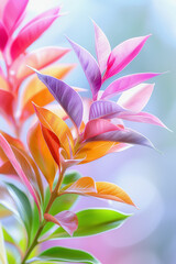 Colorful leaves with vibrant hues and soft lighting on blurred background
