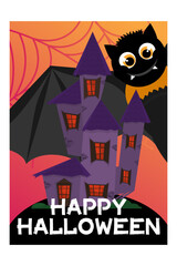 Cute Halloween poster with scary castle and bat. Vertical A4 vector Happy Halloween poster with spiderweb. Isolated on white background.