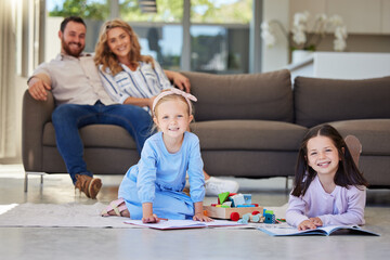 Children, play and floor with toys and parents on couch, smile and portrait in home living room. Relax, drawing and girls for playdate with friend in lounge, mother and dad person on sofa for rest