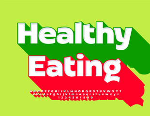 Vector creative advertising Healthy Eating. Bright Font with Big Red Shadow.. Silver Alphabet Letters and Numbers set