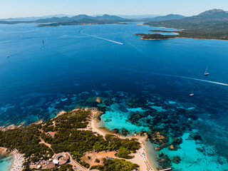 aerial photo with drone of beach on the emerald coast of Sardinia island in Italy