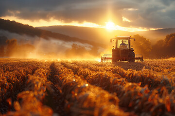 Fototapeta premium Farmers harvesting crops in a sunlit field