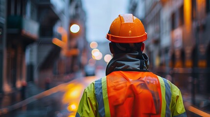 Back view of a male construction worker wearing safety helmet and reflective jacket standing on the street