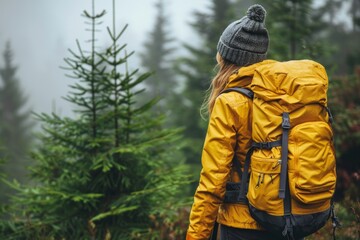 Fototapeta premium Woman Hiking Through Foggy Forest With Yellow Backpack