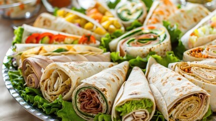 Catering Platter. Assorted Tortilla Wrap Sandwich Tray for Party Buffet
