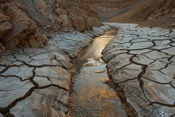 Desert Stream. Flowing Water in Dry Cracked Earth, Irrigation Problem