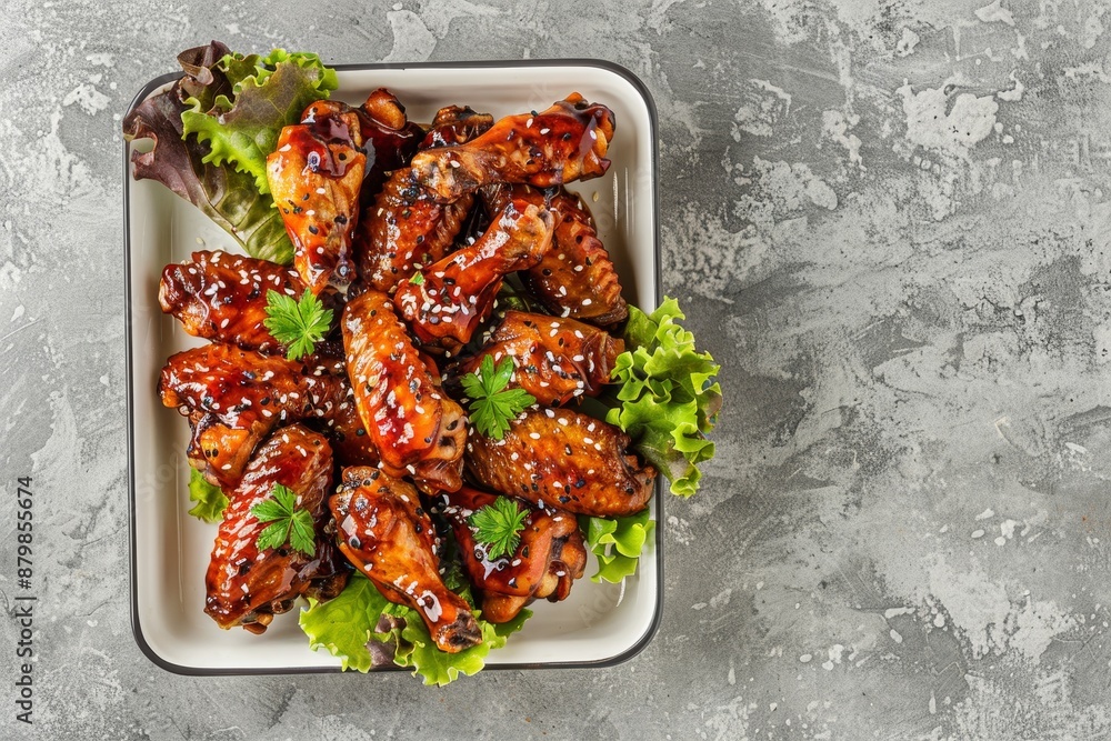 Wall mural teriyaki bbq chicken wings with black sesame in a tray viewed from above on a gray background